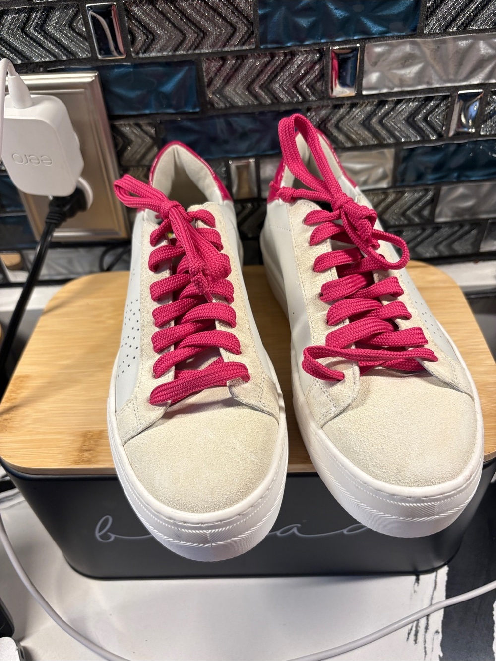 P448 Cream Suede Sneakers with Bright Pink Laces